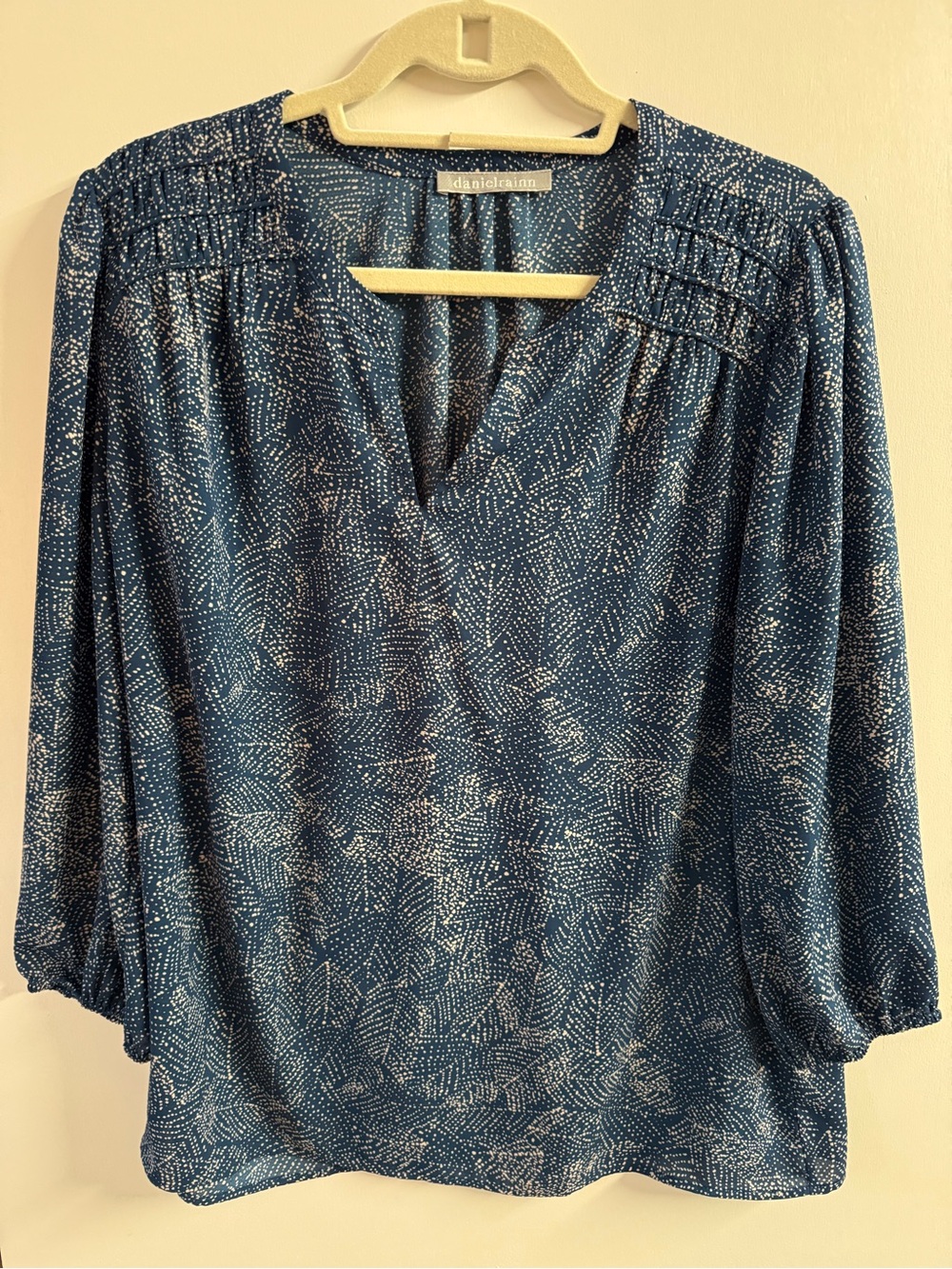 Daniel Rainn Navy Blue Patterned V-Neck Blouse